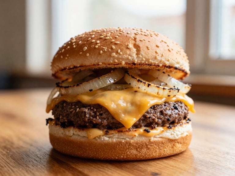 Close-up of a double smash burger with melting cheese and grilled onions on a wooden table, warm editorial food photography, soft window light, shallow depth of field
