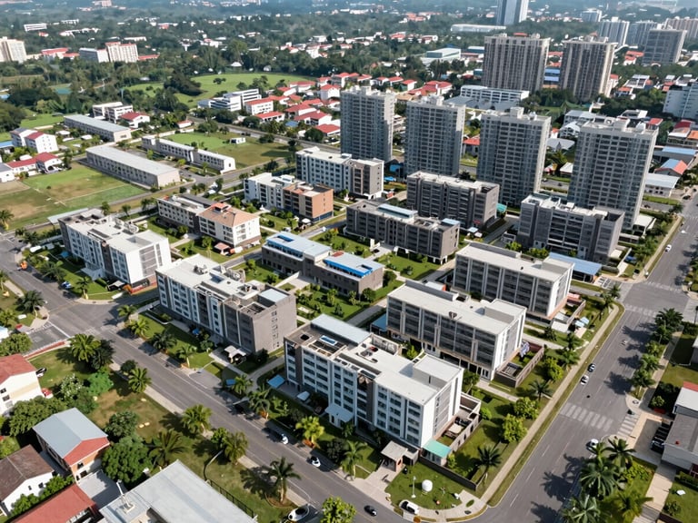 High-angle master-planned community layout under bright natural daylight, highlighting organized infrastructure and green spaces in Central Visayas.