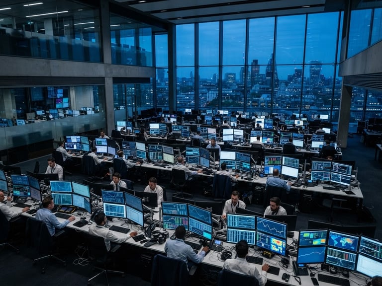 Professional photo of a modern financial trading floor at dusk, multiple screens displaying abstract data visualizations, deep blue and gray tones, sharp focus, architectural perspective, 35mm.