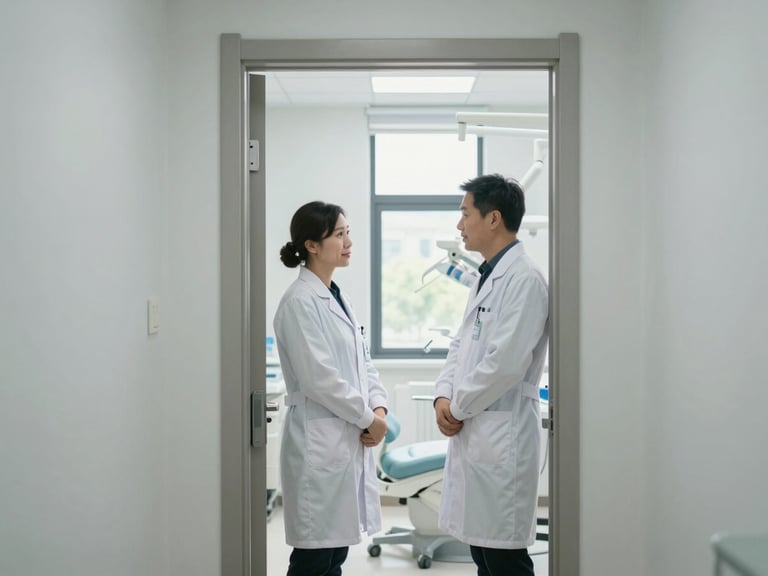 Environmental shot inside a bright dental clinic corridor, two professionals in white coats in conversation near a treatment room doorway, natural daylight entering from a window at the end of the hall, crisp and purposeful atmosphere, no posed smiles