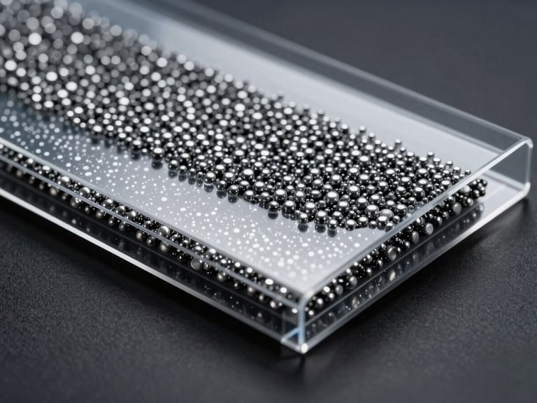 Close-up of nano-ceramic particles integrated into a transparent film, illustrating the multi-layer structure, with sharp, technical lighting and silver reflections.