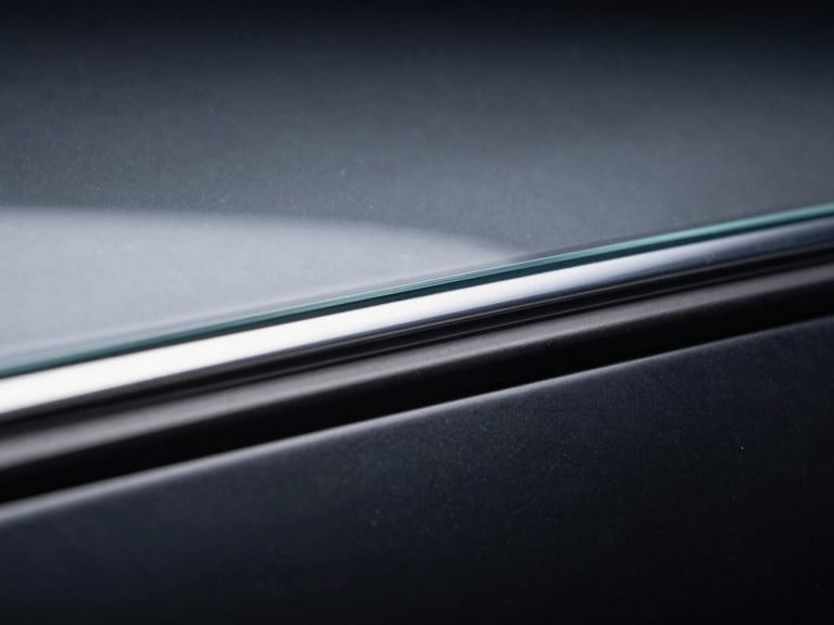 Macro shot of a multi-layer window film edge, showing a clear, thin top layer with a subtle sheen, under crisp studio lighting, technical diagram style.
