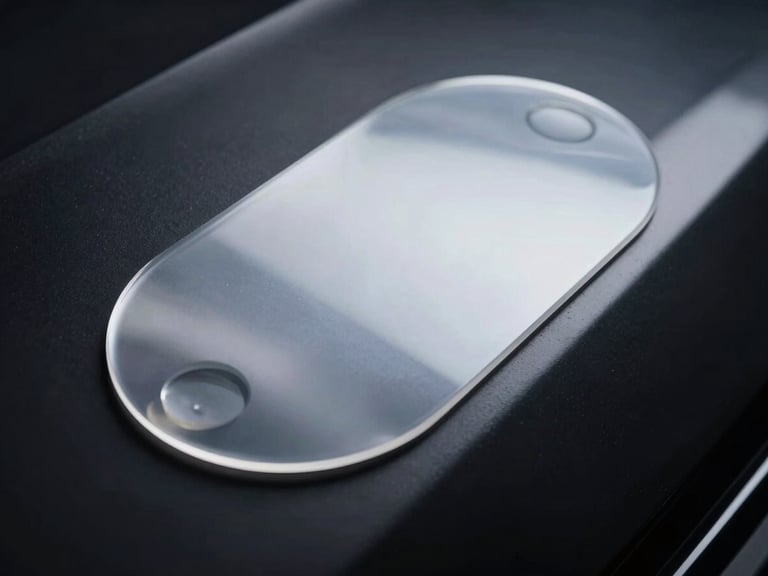 Microscopic view of a perfectly smooth, transparent adhesive layer bonding to automotive glass, showing no imperfections, under clinical, high-contrast lighting.