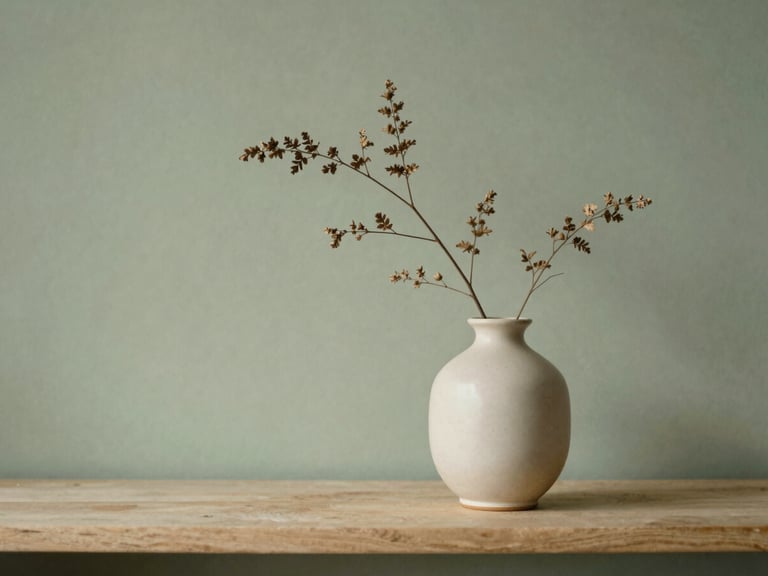 A minimalist ceramic vase with dry botanical branches on a shelf, soft sage green background, diffused afternoon sun.