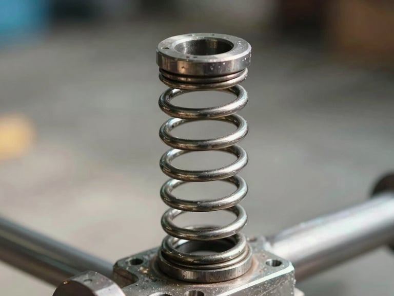 Straight-on close-up of a heavy-duty steel torsion spring installed on a clean metal shaft, bright natural daylight, sharp focus on the metallic coils.