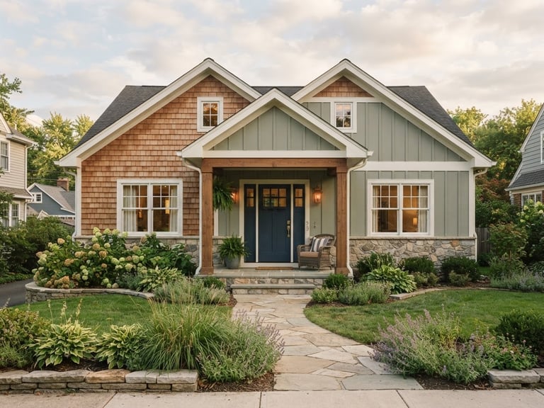 Warm editorial real estate photo of a clean, modern craftsman home exterior, soft natural daylight, realistic tones, 35mm lens