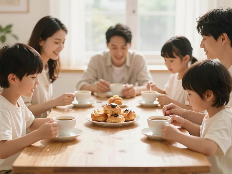 A family or group of friends enjoying coffee and pastries at a sunlit wooden table, warm cream and pastel tones, shallow depth of field.