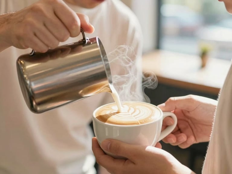 Close-up of a barista pouring latte art into a mug, steam rising, sunlit cafe interior, warm cream and pastel tones, shallow depth of field.