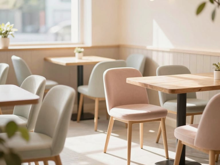 Sunlit cafe interior with pastel chairs and wooden tables, a plant in the foreground, soft natural morning daylight, warm cream and pastel tones.