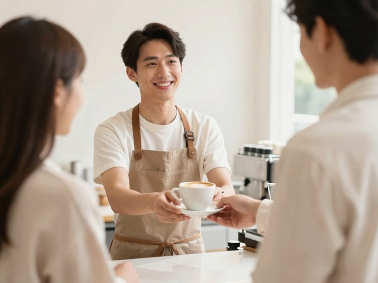 Friendly barista smiling while serving a coffee to a customer, warm and welcoming interaction, bright lifestyle photography.