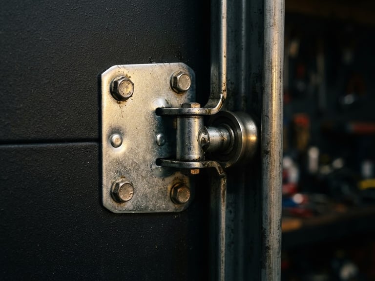 Close-up of a steel garage door hinge and roller, warm golden workshop light reflecting on metallic surfaces, dark charcoal background, sharp focus, 35mm