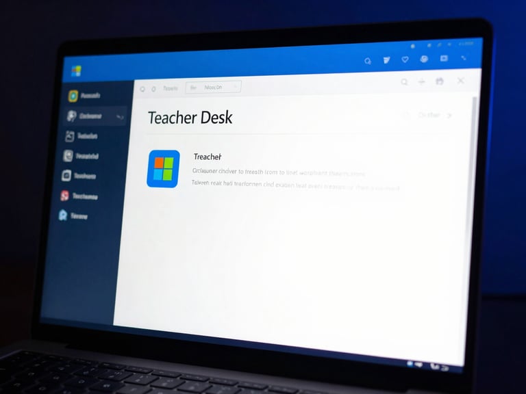 Desktop computer screen showing the Teacher Desk application interface with a Microsoft Store badge subtly integrated, clean UI, crisp studio lighting, deep blue and white tones, sharp macro focus.