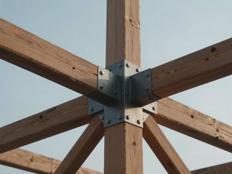 Macro close-up of a complex timber-steel structural joint in a modern sustainable building, cool morning light, high technical detail