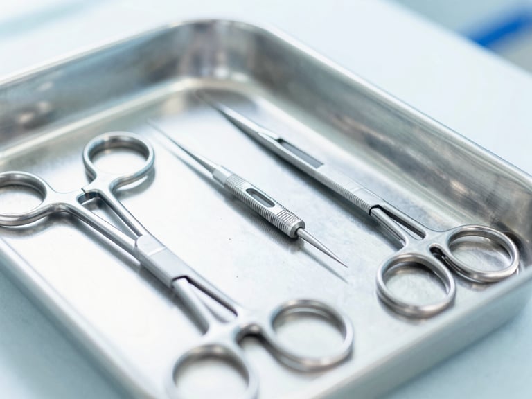 Close-up of neatly organized surgical instruments on a sterile stainless steel tray under bright clinical daylight, sharp focus, 50mm