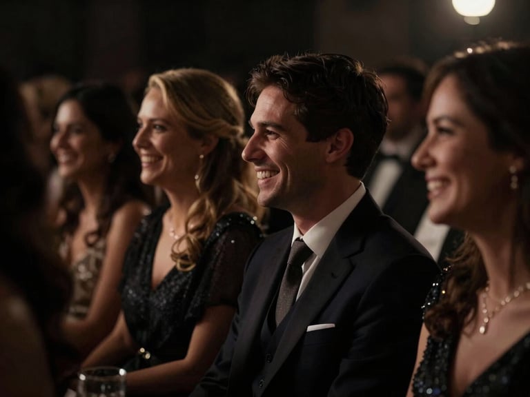 Cinematic medium-closeup of elegant wedding guests laughing mid-conversation under low-key dramatic ambient lighting, rich shadows, 35mm lens.