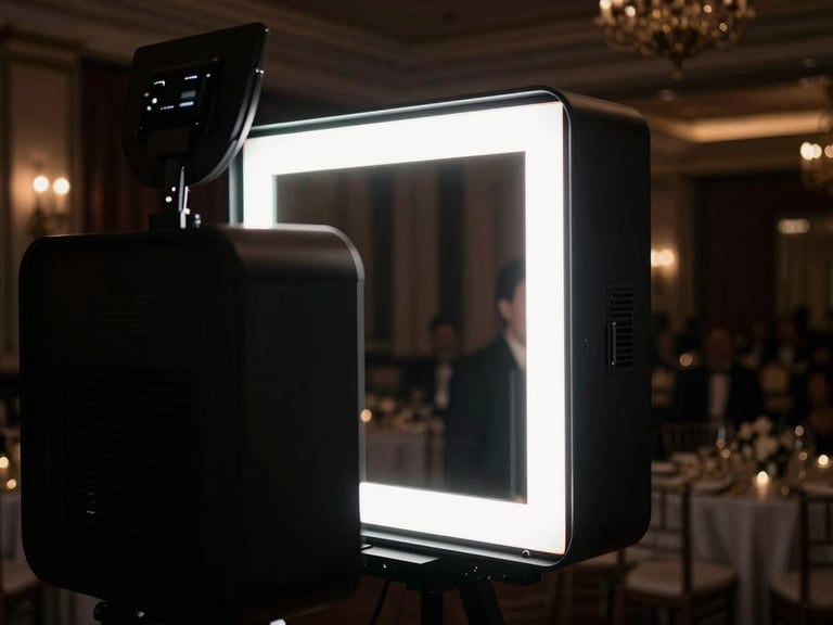 Sleek black magic mirror photobooth reflecting a glowing, elegant ballroom interior, low-key dramatic lighting, minimalist hardware, 35mm lens