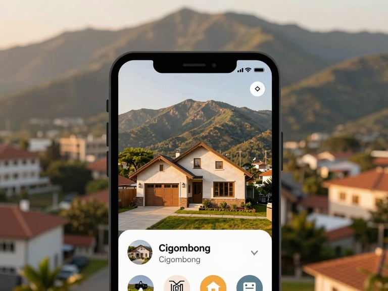 A close-up shot of a smartphone screen displaying a targeted social media ad for a house in Cigombong, with blurred urban background, warm editorial photography, 35mm lens