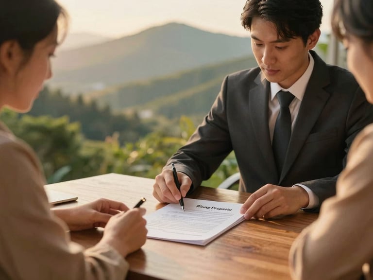 Two people, one a property owner and one Riung Property agent, reviewing legal documents on a wooden table, warm light, authentic interaction, warm editorial photography, 35mm lens