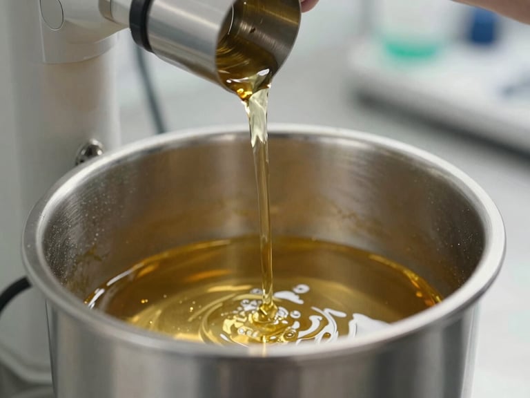 Macro clean-room shot of golden cosmetic oil being poured into a high-tech stainless steel mixing vat, bright clinical lighting with warm gold undertones, professional B2B setting.