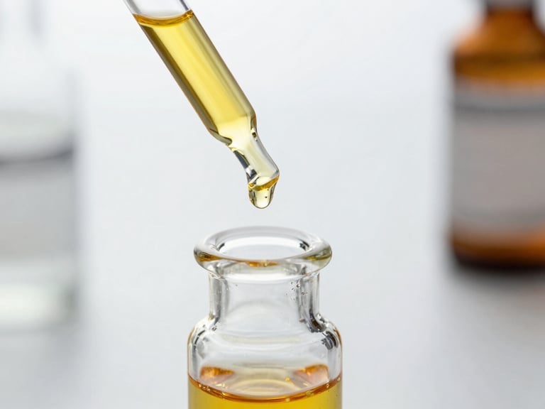 Macro close-up of golden botanical oil dripping from a laboratory pipette into a sterile glass vial, clean white laboratory background, bright clinical lighting.
