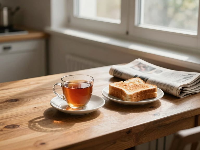 Close environmental shot of a small kitchen table beside a window, a half-finished cup of tea and a plate of toast with a newspaper folded open, warm morning light casting long soft shadows across the wooden tabletop, no person visible—just the evidence of someone's chosen morning