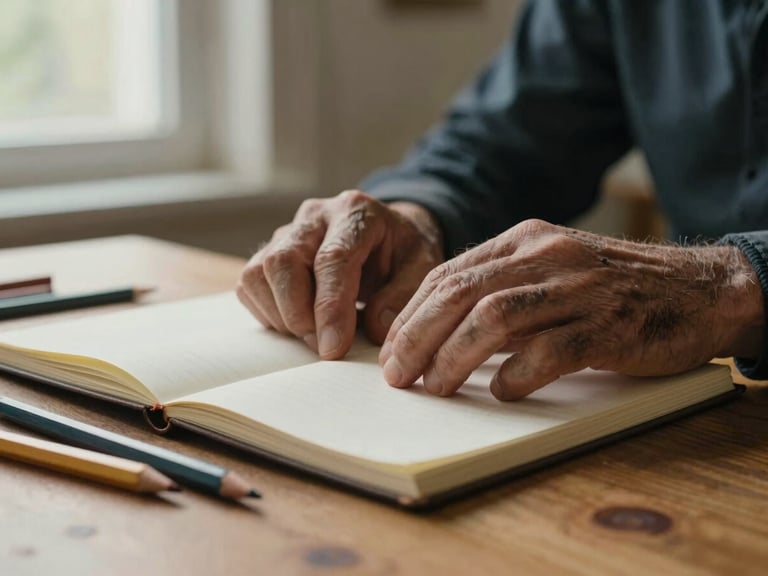 Close-up of weathered hands resting on an open sketchbook, coloured pencils scattered nearby on a wooden table, natural diffused window light from the left, warm afternoon tone, intimate documentary framing, no posed quality—a real moment of creative quiet