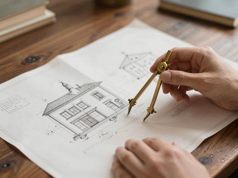 A warm, natural light photograph of historical architectural blueprints spread across a dark wooden table, hands holding a brass compass, shallow depth of field