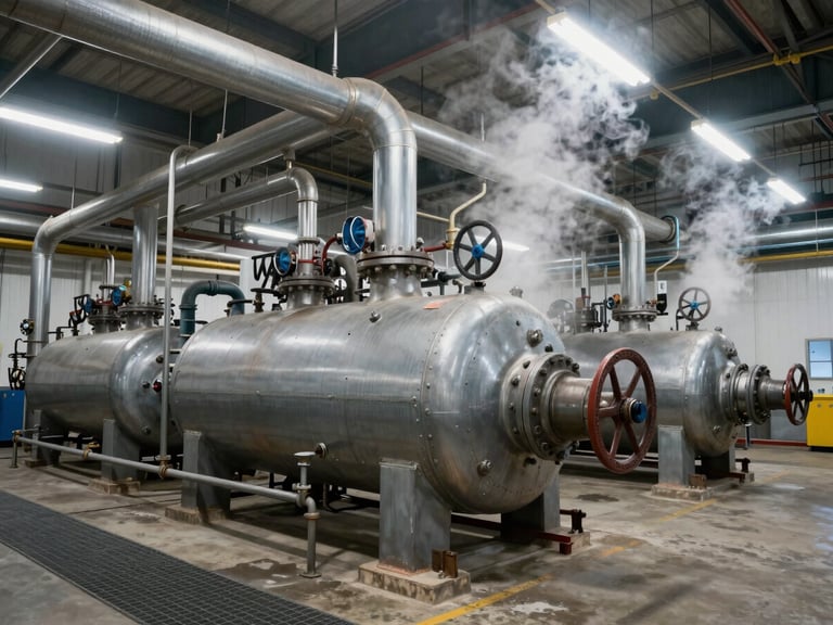 Wide shot of a food processing plant boiler room, large industrial pipes and pressure vessels under factory-floor fluorescent light, steam rising from feed lines, concrete floor and steel grating visible, honest documentary framing