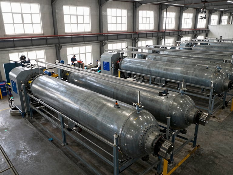 Overhead view of a textile manufacturing floor, large thermic fluid heater units along the wall, workers operating looms in mid-ground, industrial daylight through high clerestory windows, steel and concrete surfaces, honest process documentation style