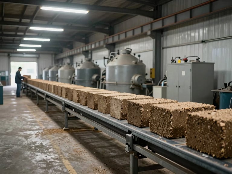 Wide shot of an industrial biomass manufacturing floor mid-operation, compressed briquette blocks moving along a conveyor under overhead fluorescent daylight, concrete and steel environment, documentary framing, honest industrial light