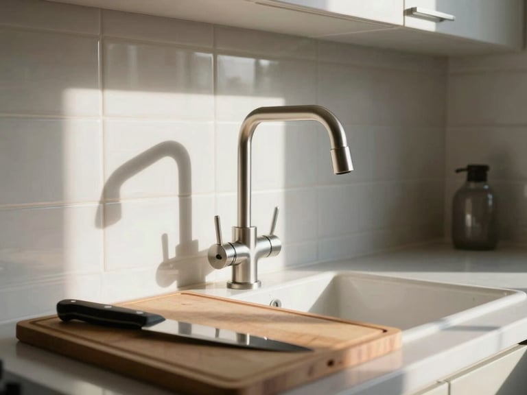 Close-up detail shot of a well-finished apartment kitchen counter — ceramic tile backsplash, brushed steel tap, a cutting board with a knife resting on it, morning daylight from a nearby window casting soft shadows, no people