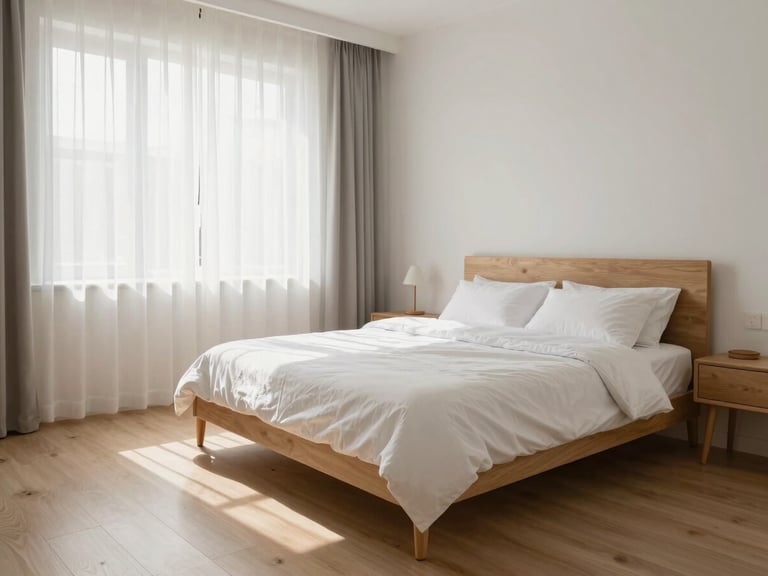 Wide architectural shot of a bright furnished bedroom — neatly folded bedding on a low-frame bed, a wooden bedside table with a small lamp, light filtering through sheer curtains onto pale wood flooring, no people, calm and livable atmosphere