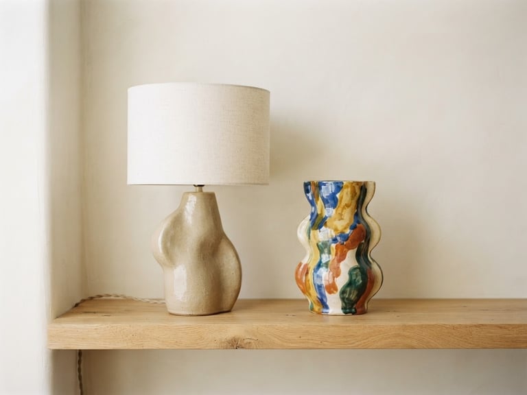 Vue latérale d'une lampe sculpturale en céramique beige et d'un vase coloré, posés sur une étagère en bois clair, lumière naturelle diffuse, arrière-plan minimaliste crème, profondeur de champ faible, 35mm.