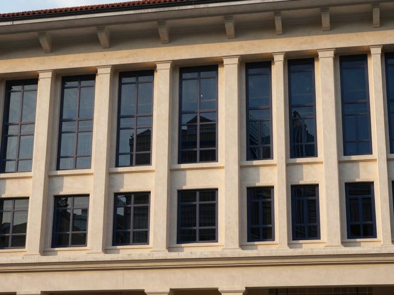 Architectural detail of a stable, enduring government building facade in Kuala Lumpur, soft morning light, deep navy and champagne gold tones, wide aspect