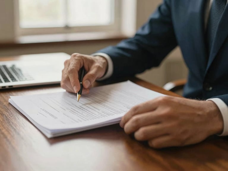 Close-up of hands reviewing complex financial documents on a mahogany desk, soft natural window light, shallow depth of field, warm editorial photography, deep navy and champagne gold tones, landscape aspect
