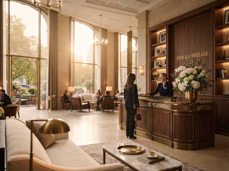 A bright, warm-lit luxury hotel reception lobby with brass accents, fresh white flowers, and warm golden-hour light streaming through tall windows, warm editorial style.