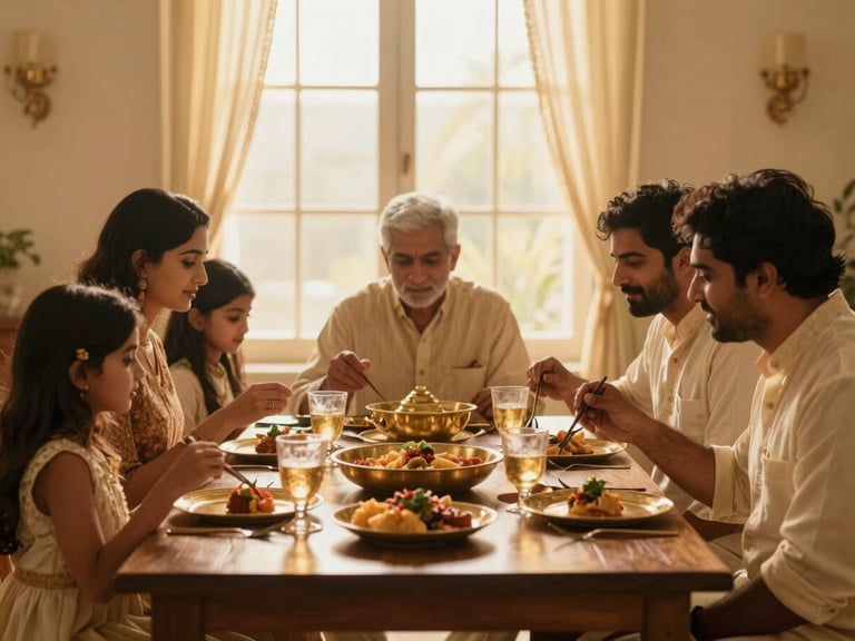 Warm editorial photography of an elegant Indian family sharing a meal, soft golden-hour window light, rich brass table settings, shallow depth of field