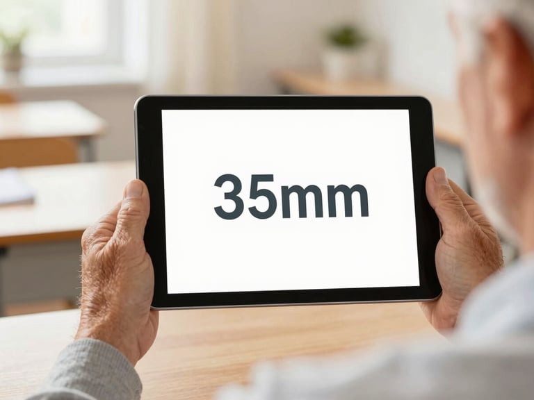 Hands of a senior man holding a tablet showing a simple large-font interface, warm classroom setting, soft daylight, 35mm.