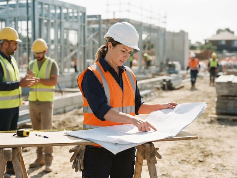 Documentary photo of an adult learner in a high-visibility safety vest reviewing a building plan on a bright, natural daylight construction site, warm tones, 35mm.