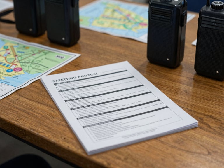 A printed safety protocol manual lying on a wooden community center table, surrounded by emergency radios and maps of Georgia, natural daylight, candid 35mm lens