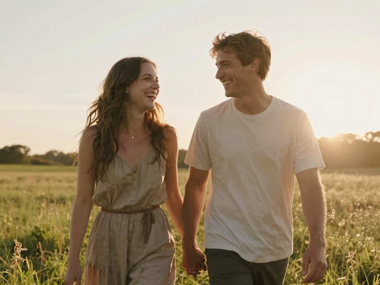 A candid medium shot of a couple laughing and walking together in a warm, sun-drenched meadow during golden hour, soft backlighting with natural lens flare.