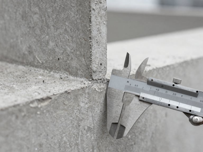 Macro detail of architectural concrete joint and measuring caliper under overcast daylight, desaturated cool tones