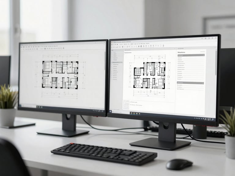 Professional workspace with dual monitors displaying architectural blueprints and claims documentation, clean office light, desaturated tones