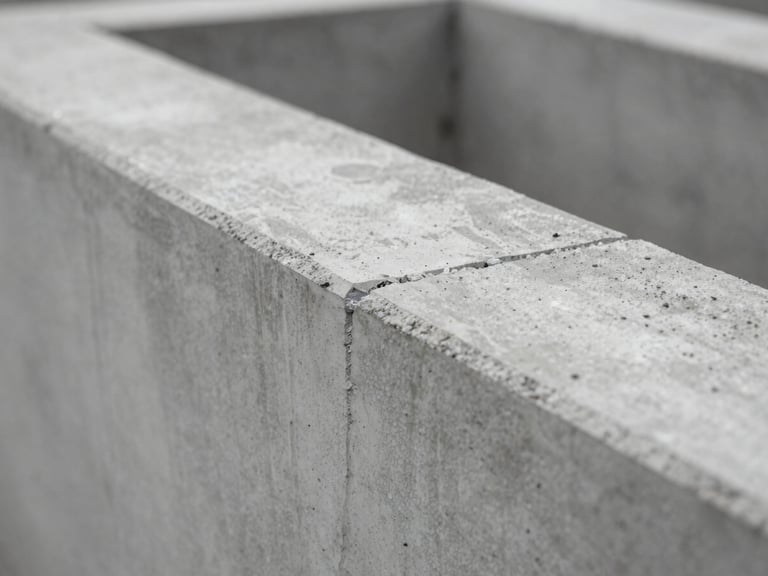 Macro detail shot of a water-damaged concrete foundation, high-contrast overcast lighting, desaturated cool tones, professional depth of field
