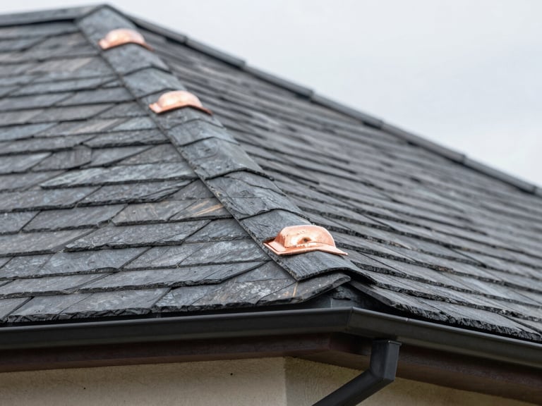 Close-up of slate roof shingles and copper flashing on a residential building, sharp focus, natural overcast lighting
