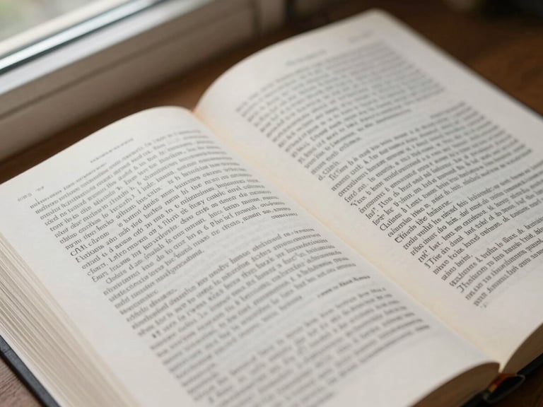 Close-up overhead of open law book pages, dense printed text visible, natural morning window light falling from the upper left, a hand-written margin note in ink at the page edge, no people in frame