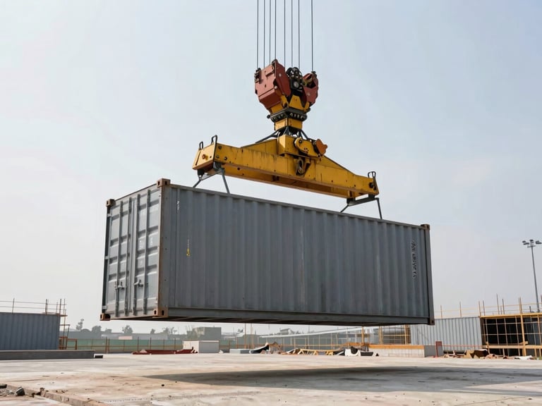 A crisp industrial photograph of a heavy-duty steel container being lowered by crane onto a clean construction site under bright overcast daylight.