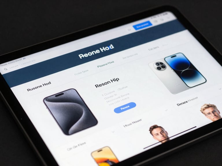 Close-up of a tablet displaying a clean dark-themed e-commerce interface, sharp focus, cool studio lighting with blue accents.