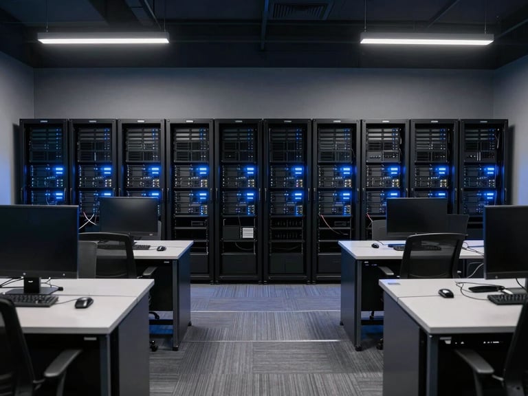 Symmetrical architectural shot of a dark corporate training room with clean workstations and cool blue ambient lighting on server racks in the background