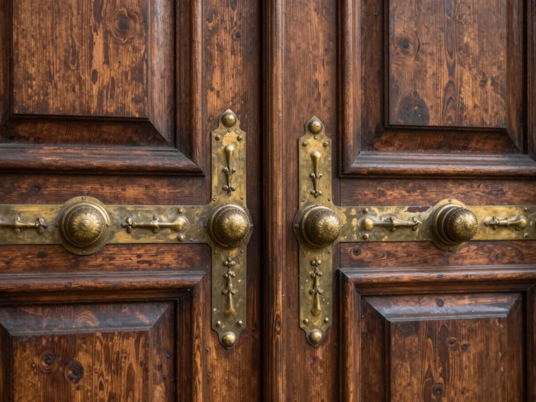 Close-up of a historic restored wooden door with ornate brass fittings, soft morning light, architectural elevation